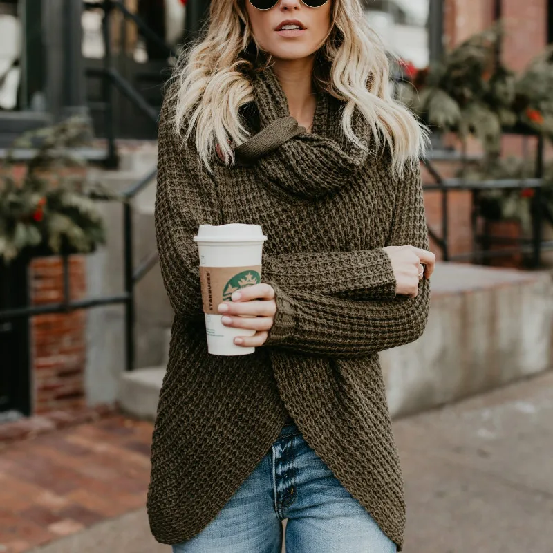 

2019 New Autumn Sweaters Women Winter Fashion Warm Scarf Collar Knitted Cardigans Casual Long Sleeve Solid Female Tops