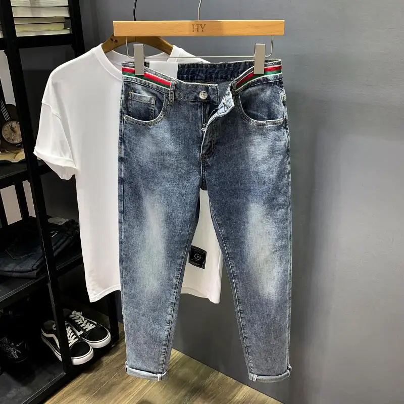 

2021 Spring and Summer Men's Slim Stretch Denim Embroidered Tight Ribbon Men's Trousers
