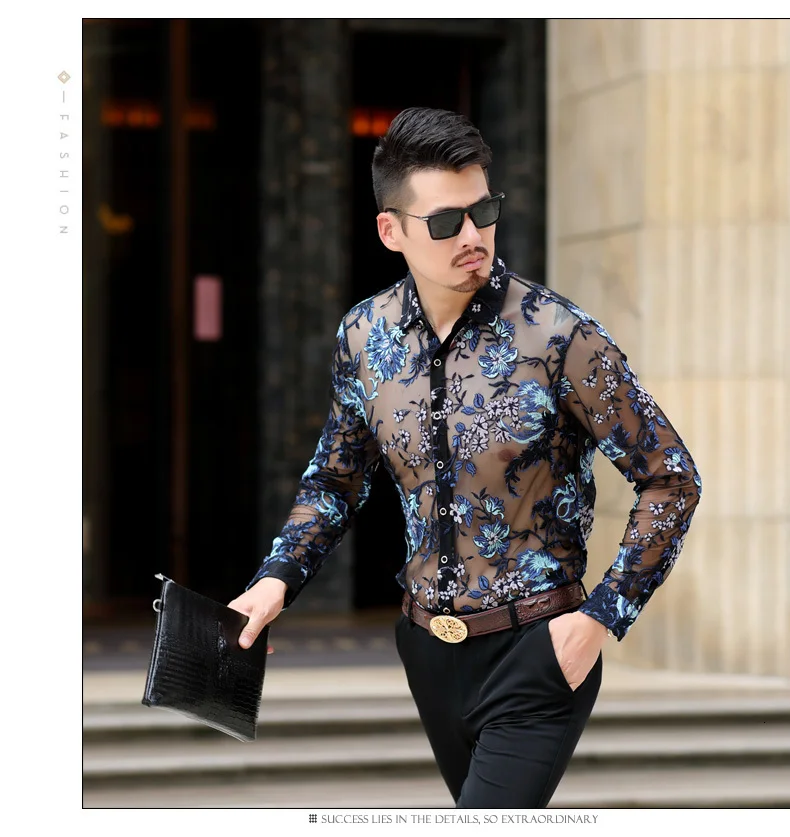 Chemise Hommesexy прозрачная Мужская рубашка из сетчатой ткани 4xl, роскошные Прозрачные рубашки для мужчин, вечерние рубашки с длинными рукавами и вышивкой