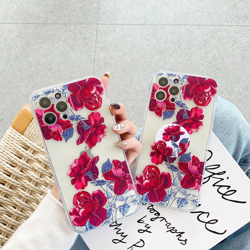 

Fall-resistant Red Rose TPU Phone Case with Stand for IPhone 12 11 Pro Max XR XS Max X 6 7 8 Plus Se 2020 for Iphone 11 Case