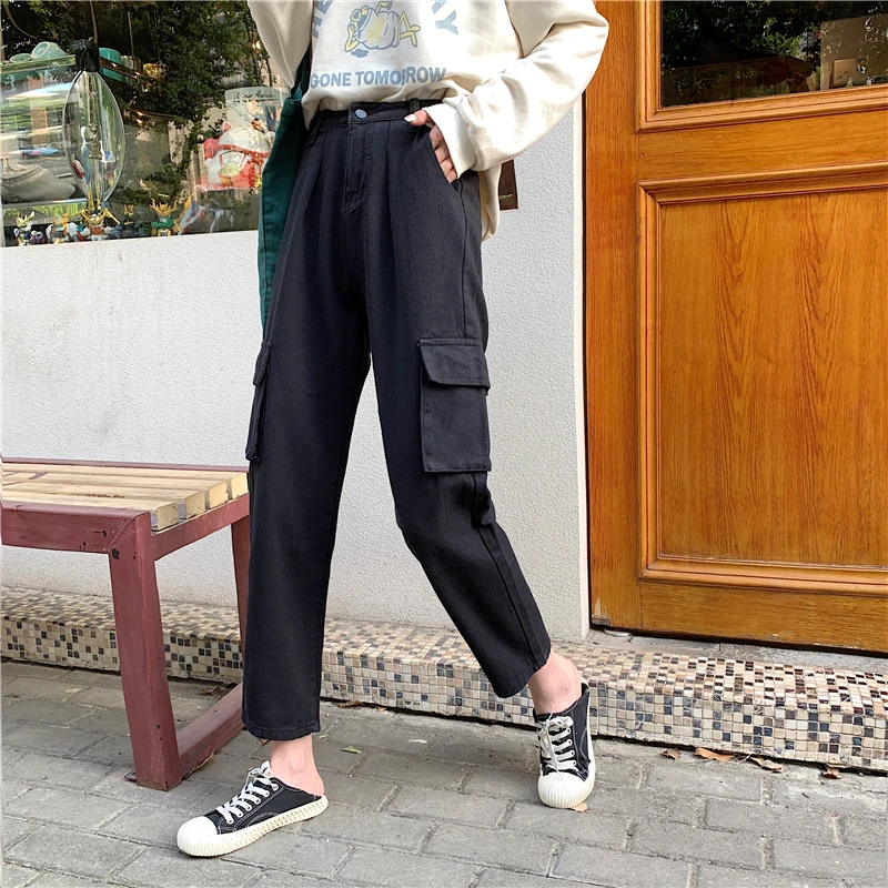 

YTX1507 women new high waist slim ins tooling wind straight trousers students all-match casual pants