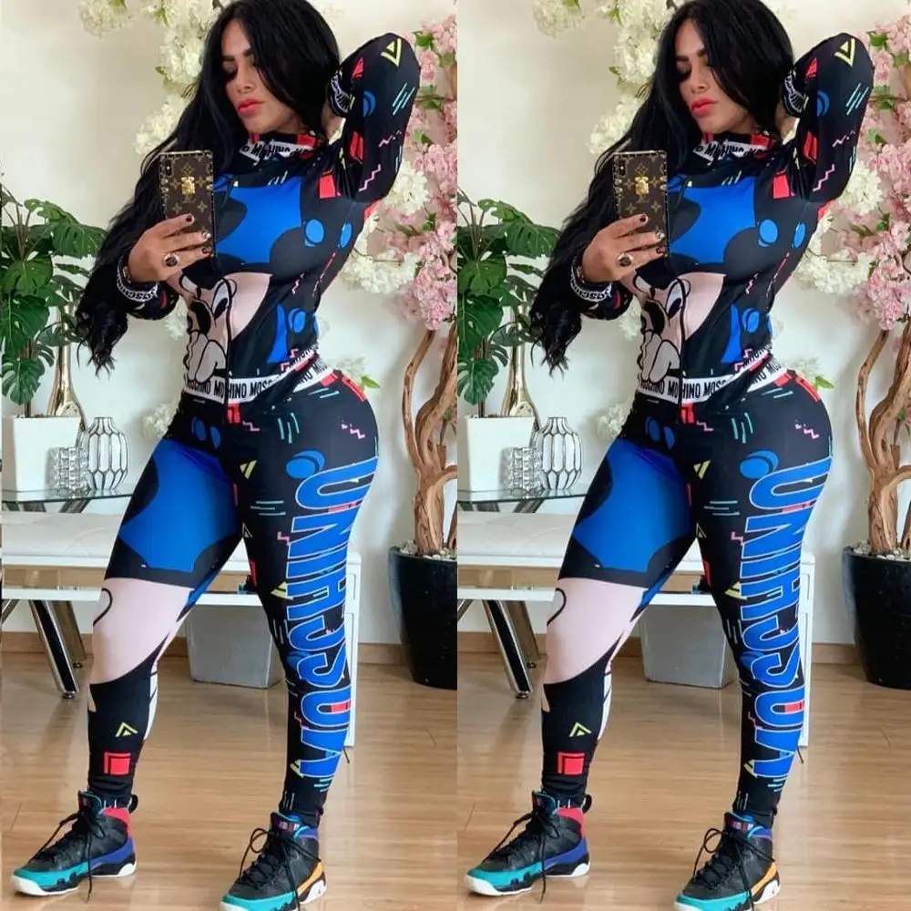 Fashion tide cartoon spliced lady sports suit full sleeve jackets and skinny pants 2 piece set casual sweatsuit | Женская одежда
