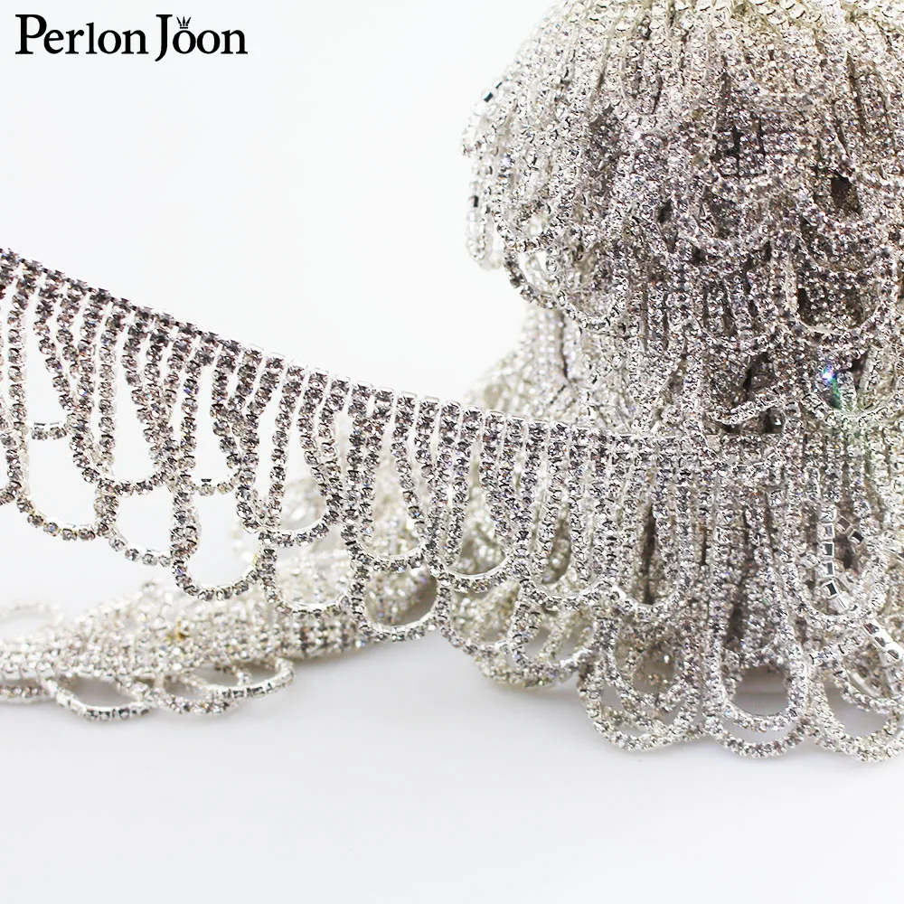 1 ярд бахрома волнистый Круг Хрустальные Цветы Стразы отделка бахромой Лента