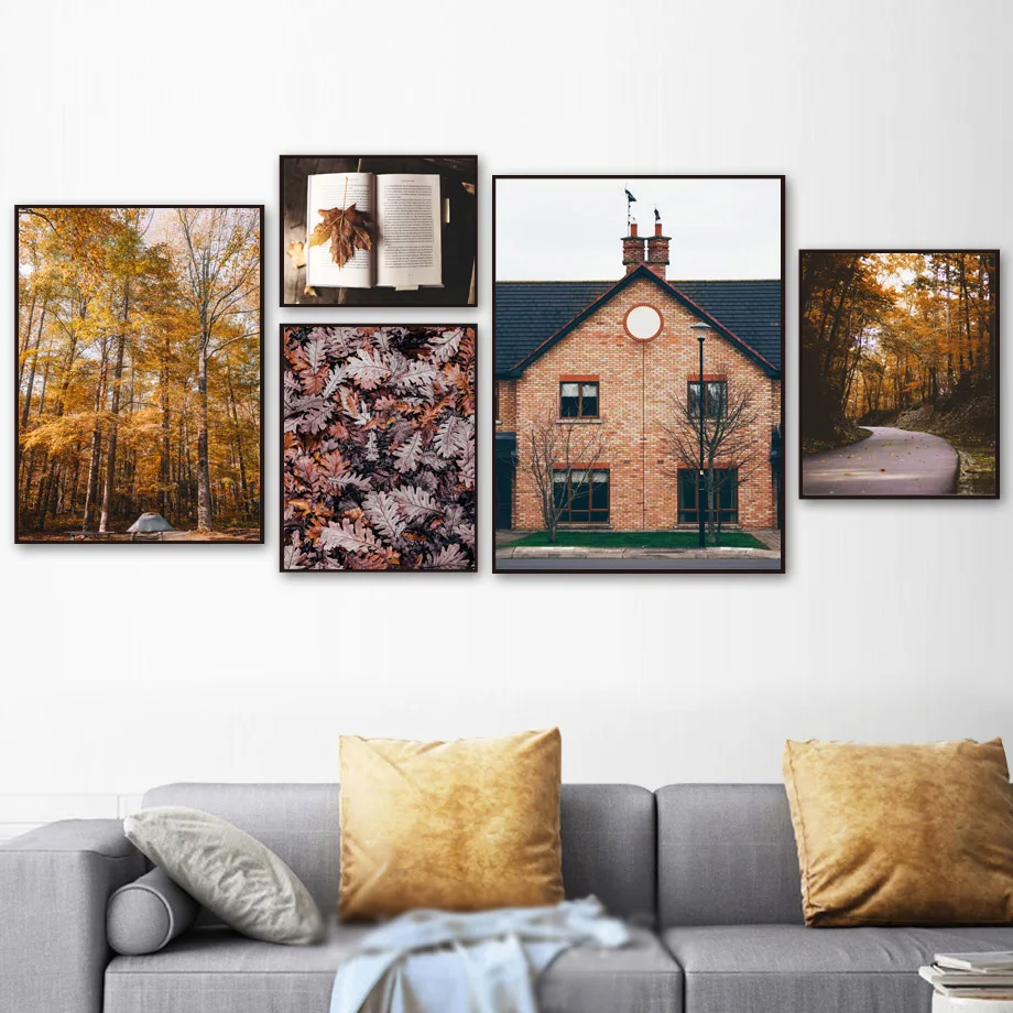 

Wall Art Canvas Paintings Highway Forest House Leaf Book Nordic Posters and Prints Wall Pictures For Living Room Home Decoration