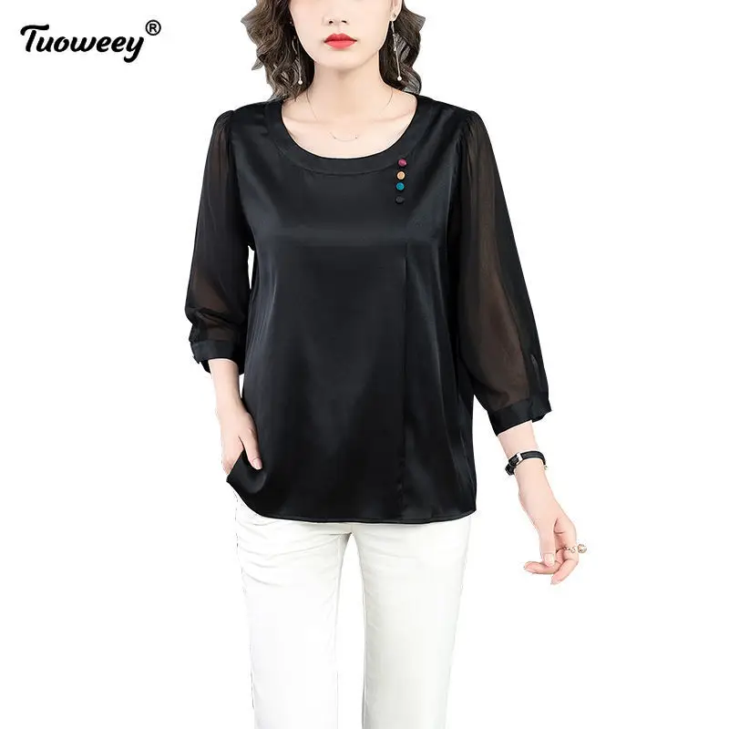 

Shirt 2021 spring autumn loose temperament solid women o neck blouse black clothes women tops for women 3/4 sleeves