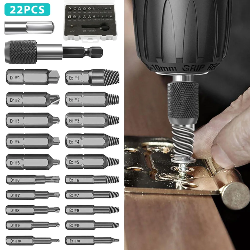 

22Pcs Damaged Screw Extractor Drill Bits Guide Set HSS Broken Speed Out Easy out Bolt Stud Stripped Screw Remover Tool