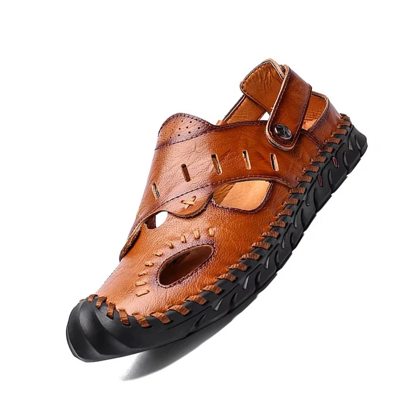 

Genuine Leather Men's Sandals Size 48 47 Summer Men Classic Roman Beach Sandals Non-slip Durable Trekking Upstream Shoes Male