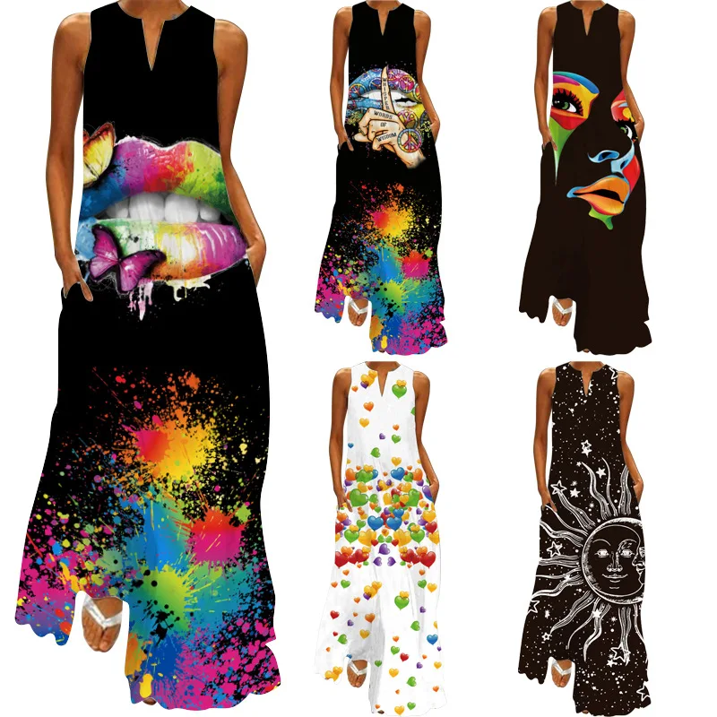

2021 spring and summer new women's V-neck pocket print dress long skirt