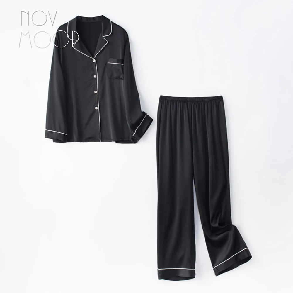 Novmoop Korean elegant fashion style stretch silk full sleeve shirt and pants women summer sleeping pajamas two sets LT3103