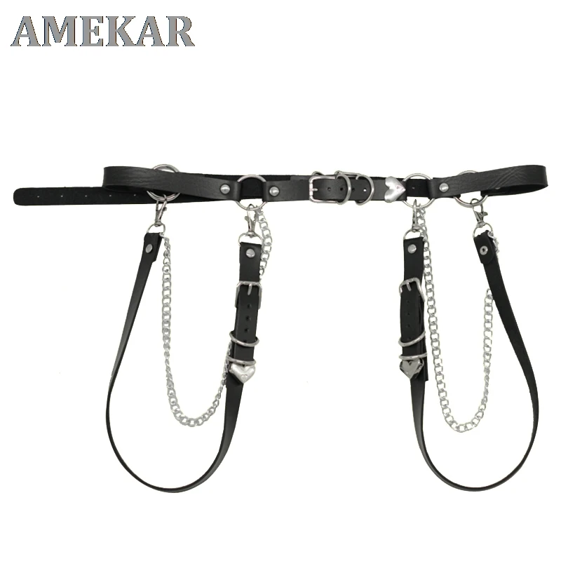 

Women Chain Belt Gothic Adjustable Leather Waist Belt For Women Punk Hip-hop Heart buckle Belt With Chain Female belt