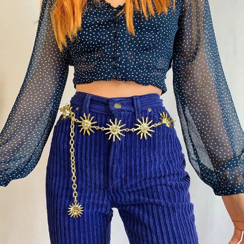 

Gothic Punk Women Skinny Belt Vintage Harajuku Boho Metal Sun Pendant Charm High Waist Chain Beach Party Body Jewelry