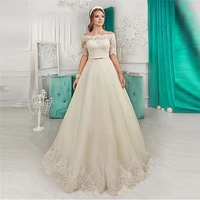 boat neck lace appliques vintage wedding dress adjustable lace up corset bridal gowns with ribbon waistline 2021 robe de mariee
