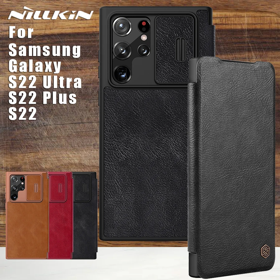 

NILLKIN Qin Case for Samsung Galaxy S22 Ultra Plus 5G Case Camshield PU Flip Leather Card Slot Back Cover Case for SM S22