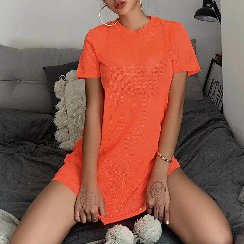 Женские длинные футболки пляжная одежда Прозрачная Футболка с коротким рукавом