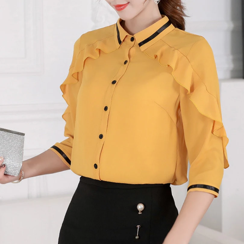 Бренд 2019 Весна-Лето Блузки Новые Корейские Женские Желтый Джокер Тонкий