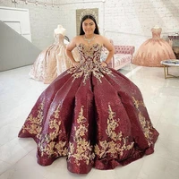 sprakly sequin burgundy quinceanera dresses ball gown gold lace fluffy prom dress vestido de 15 anos glitter sweet 16 dresses