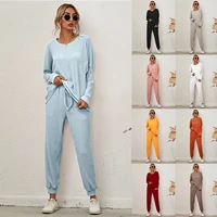autumn and winter 2021 new european and american solid color long sleeve loose casual suit home clothes pajamas women