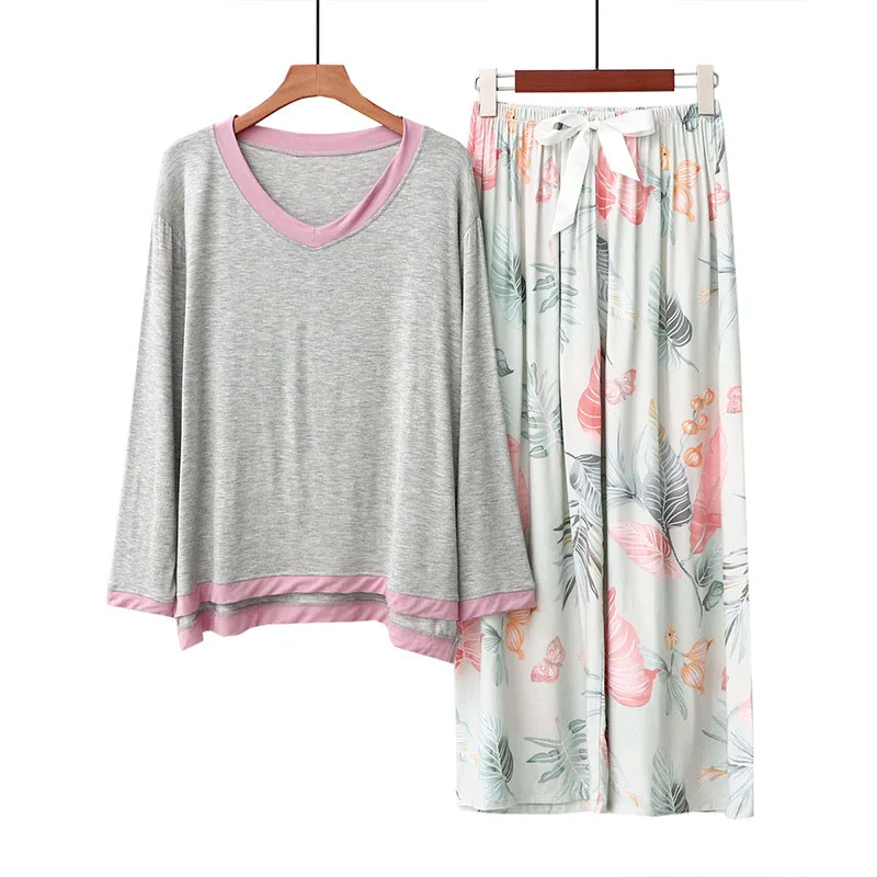 

2 Pieces Set Printed Pajamas For Women Summer Modal Homewear V-Neck Casual Home Clothes Plus Size Loose Pijama Mujer Sleepwear