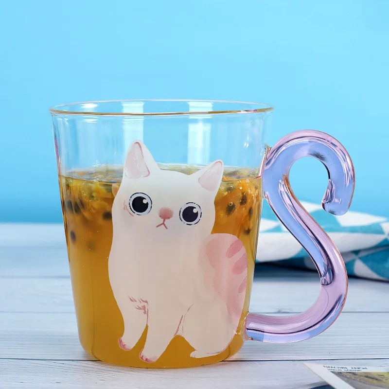 

Clear Glass Mug Cup with Cute Cat Kitten Prints Heat Resistant Cute Glass Cup with Pink Blue Cat Tail Handle 350ml 1PC