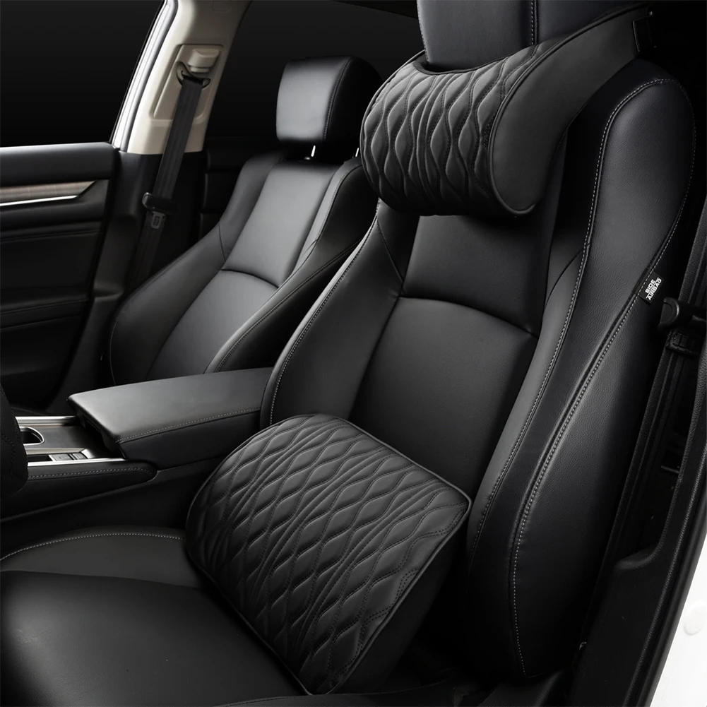 

Car Leather Headrest Memory Foam Car Rest Pillow Back Cushion Auto Seat Neck Rest Waist Supports Set Car Interior Lumbar Pillows
