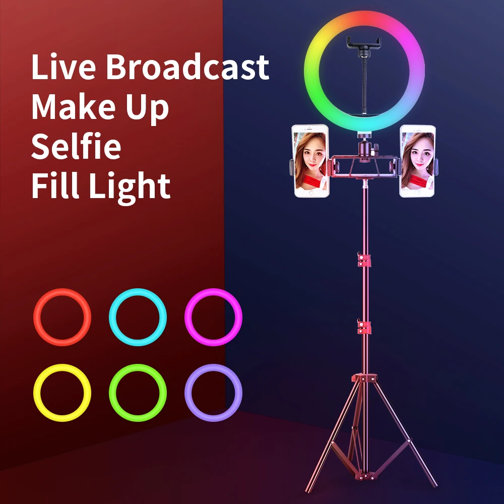 

Светодиодный кольцевой светильник для селфи, 10-дюймовый RGB светильник со штативом и 3 зажимами для телефона, подходит для съемки коротких ви...