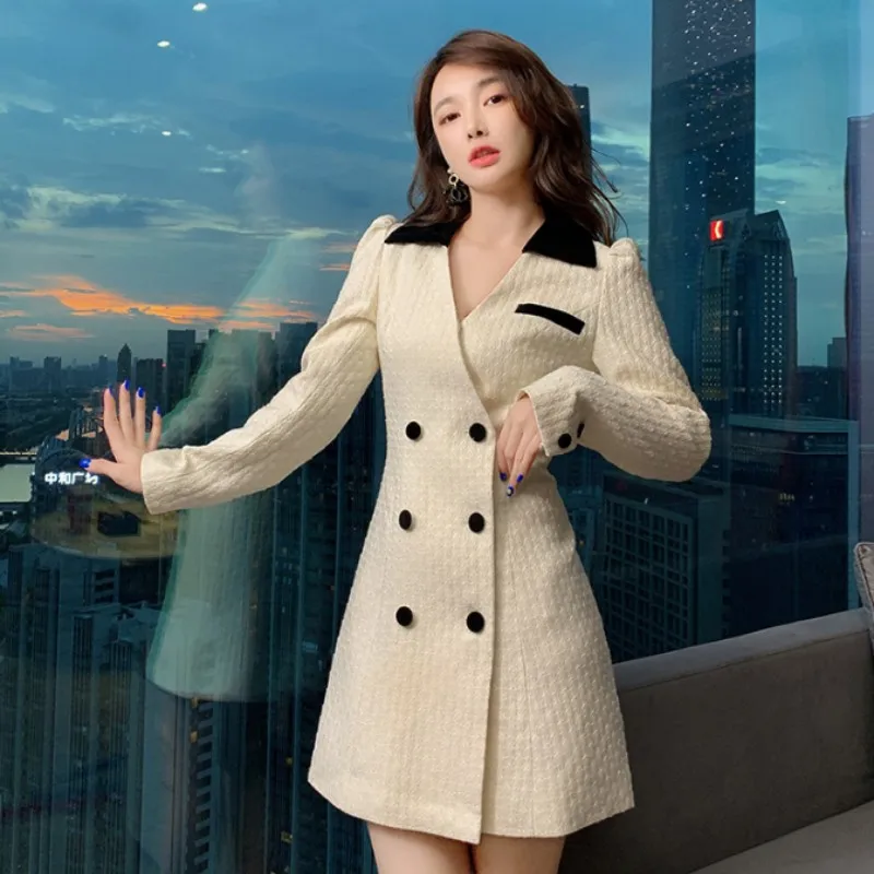 

Office Lady Apricot A-Line Dress V-Neck Double-Breasted Slim Fit Elegant Short Dresses Puff-Sleeve Solid Casual Autumn Winter