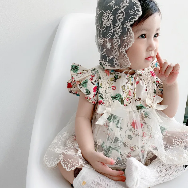 

2021 Summer New Baby Bodysuits Small Floral Net Yarn Baby Girls Flying Sleeve Lace Mesh Tutu Skirt Newborn Infant Causal Outfit