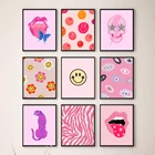 Настенный Декор для дома, розовый леопард, гепард, постер с художественной печатью в стиле преппи для спальни, Современная Картина на холсте с улыбкой, губами, глазами, картина для спальни, настенные картины