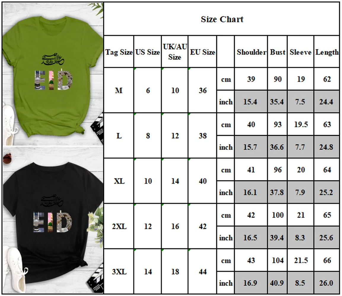 

Eid Mubarak Womens Short Sleeve T-shirt Blouse Moon Print Casual Shirt Tops Tee