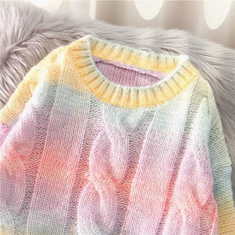

Loose Striped Rainbow Sweaters Tie Dye O-Neck Women Candy Color Autumn Winter