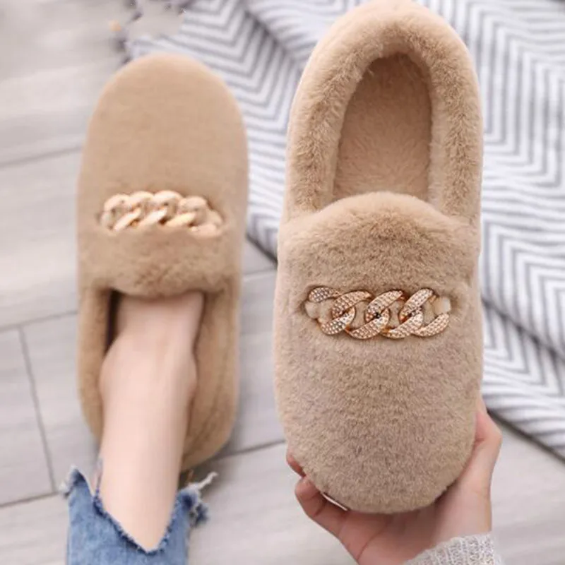 

2020 Winter Fluffy Women Shoes Fashion Chain Warm Fur Flat Shoes Woman Indoor Slippers Causal Home Lady Shoes Platform Shoes