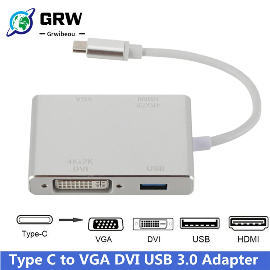 GRWIBEOU 4 in 1 USB 3.1 USB C Type C to VGA DVI USB 3.0 Adapter Cable for Laptop Apple USB C HUB Splitter
