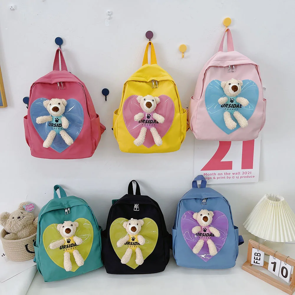 

Fashion Children Backpack Kindergarten Girls Cute Love Heart Design Bear Doll Contrast Color School Bags Knapsack Small Handbags