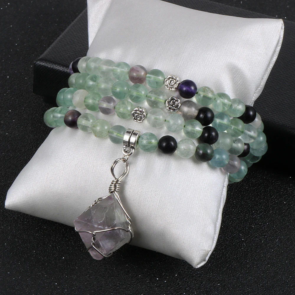 

Irregular Natural Fluorite Pendant Necklace For Women 6mm 108PCS Crystal Beads Long Sweater Necklace 2020 Fashion BOHO Jewelry