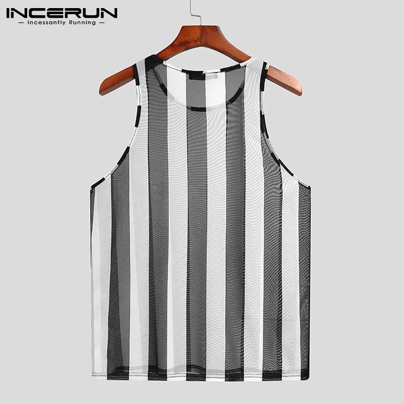 INCERUN Men Mesh Tank Tops Striped Transparent Sexy Vests O Neck Sleeveless Streetwear 2022 Breathable Summer Casual Tops S-5XL