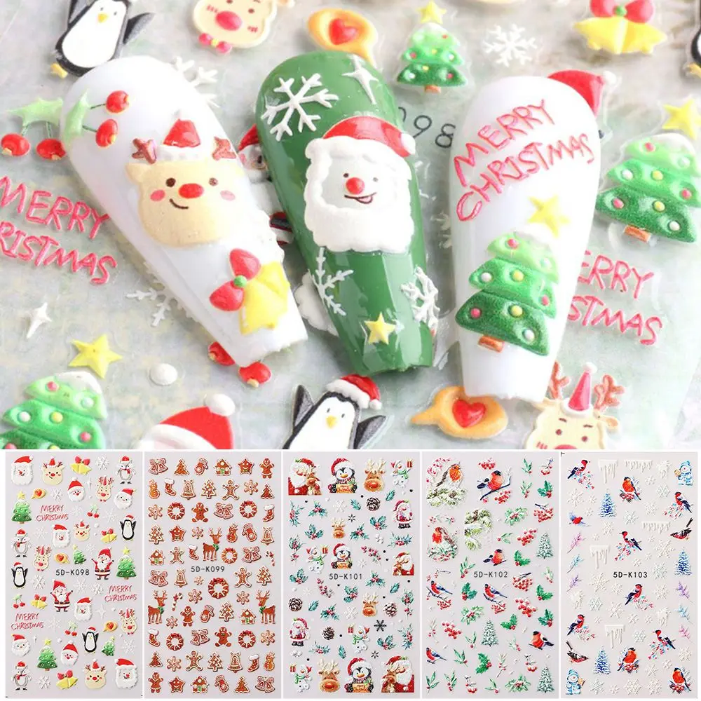 

5D Winter Embossed Nail Stickers Nail Art Decoration Bird Snowflakes Gingerbread Man Festive Design Xmas Manicure DIY Decals