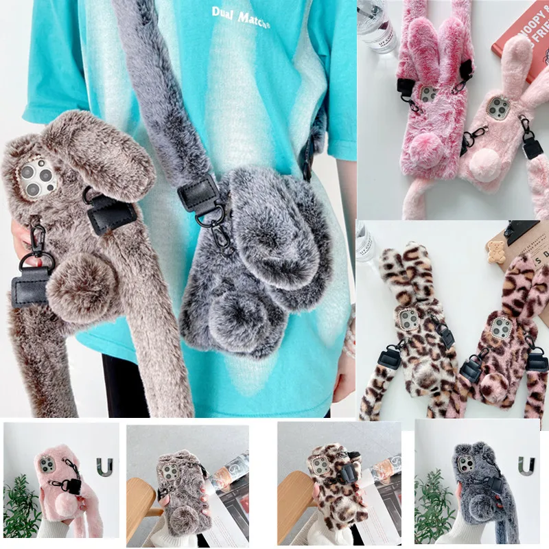 

Cute fluffy plush rabbit strap Crossbody Bag phone case for iphone 12 pro max case 11Pro max 6 7 8 plus X XR XS MAX 13Pro max