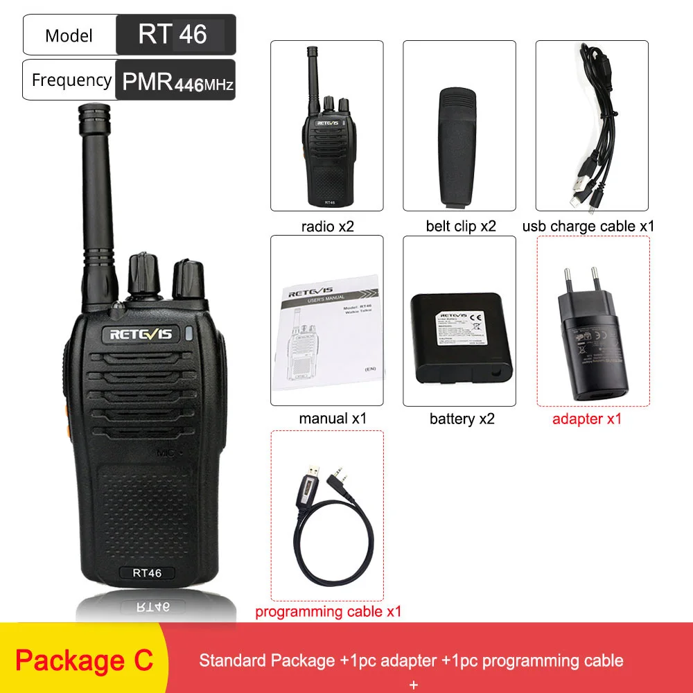 Package C Пара RETEVIS RT46 Walkie Talkie PMR радио PMR446/FRS Портативное двухстороннее радио VOX Micro-usb зарядка Li-Ion(или AA) батарея - Цвет: Package C