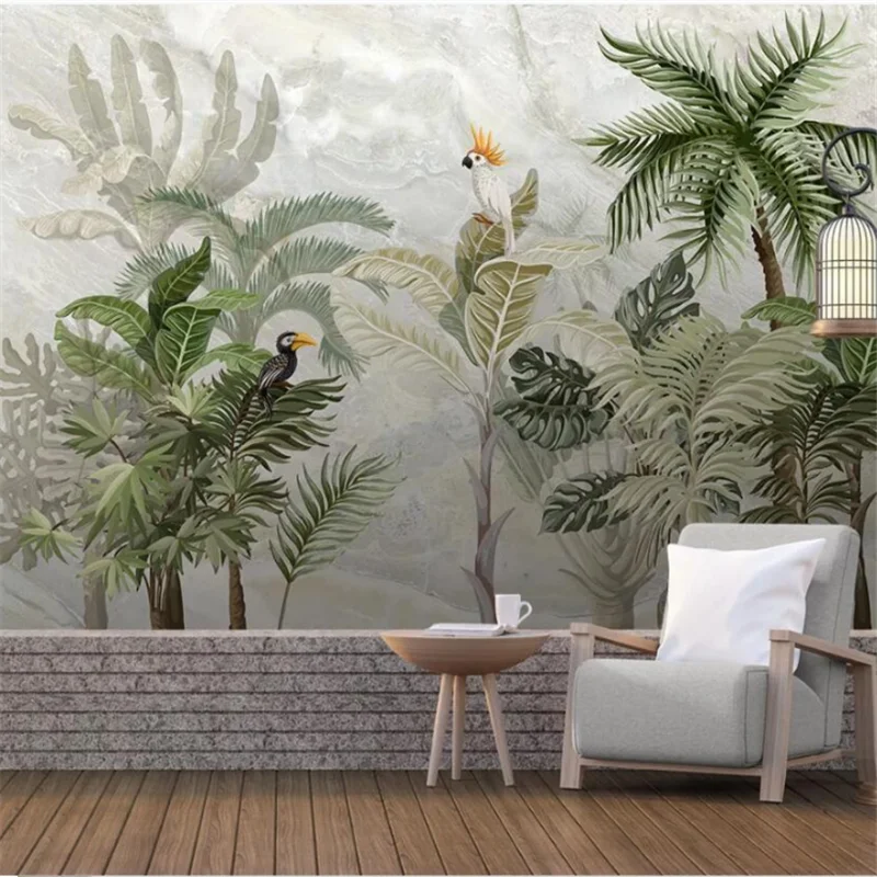 

wellyu Custom wall painter with European creative hand painted tropical rain forest landscape marble background wallpaper