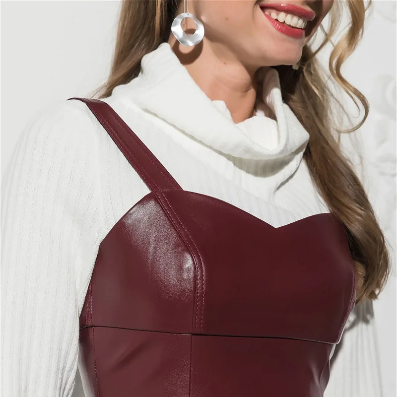 

2021 Spring Women's Pure Color Pu Leather V-Neck Strap Sexy Outfit High Waist Brief Mini Sheath Bodycon Club Dress