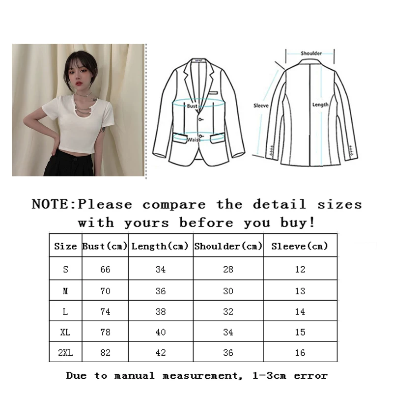 

Zoulv 2021 Korean Fashion Solid Chain Slim Tee Tops Female Hight Waist Black Tops Summer INS Style O-Neck Short Women's T-shirt