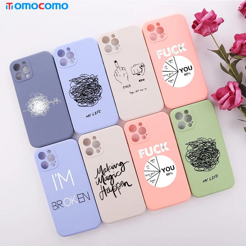 

Geometry Interesting Text Liquid Silicon Phone Cover For iPhone 11 12 Pro Max Mini XS XR X 7 8P Shockproof Phone Case Shell