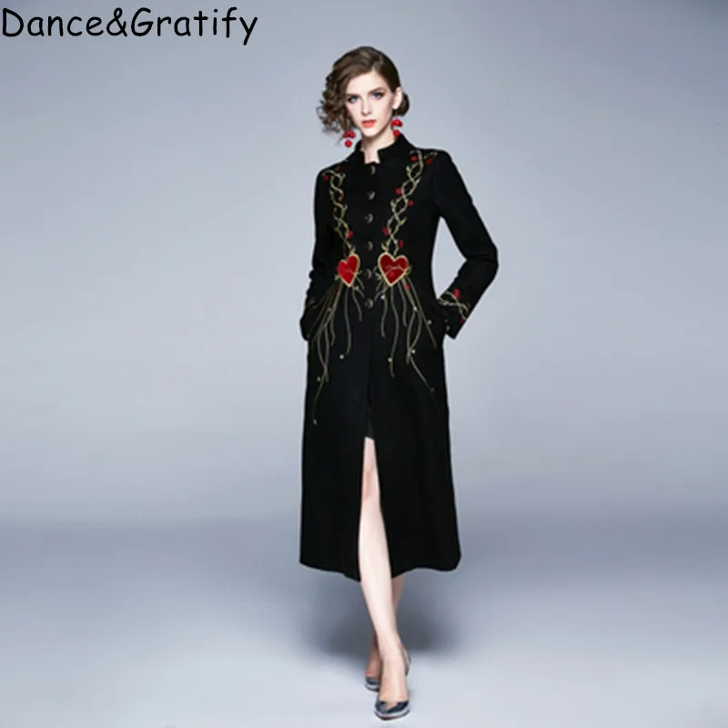 

Женское длинное шерстяное пальто, винтажное модельное пальто с цветочной вышивкой, Элегантная черная верхняя одежда макси, зима 2019