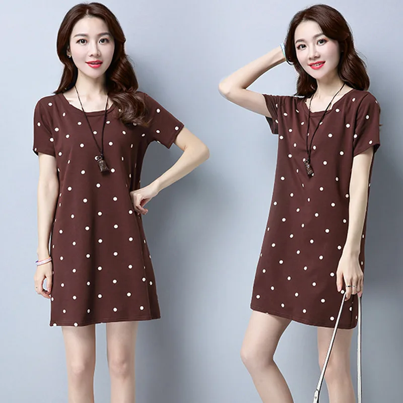 

2021 T-Shirt Female Women Tops Dotted Round Neck Short Sleeves Loose Long T-Shirt for Summer Oversized