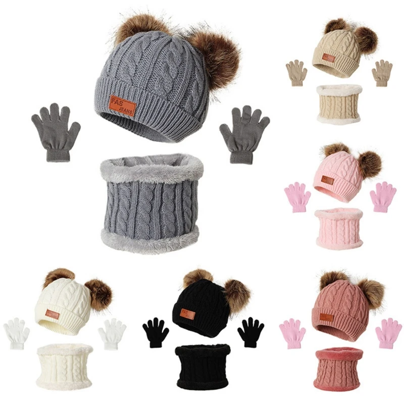 

67JC 3 шт. зимние теплые однотонные детские шерстяные шапка перчатки шарф набор двойные меховые шапочки варежки шарфы комплект