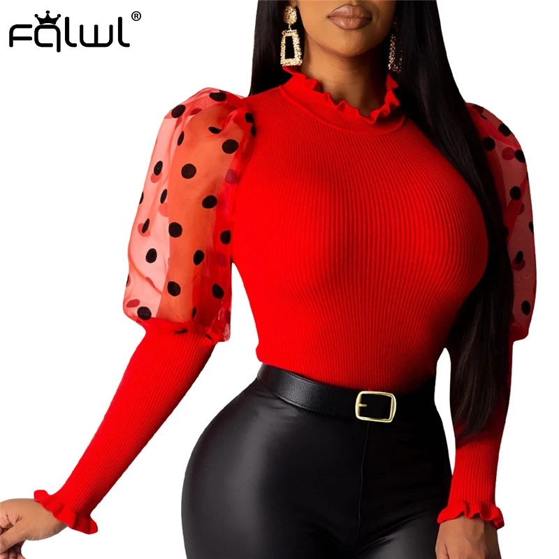 FQLWL оборки в горошек сетчатая трикотажная Сексуальная Блузка женская рубашка