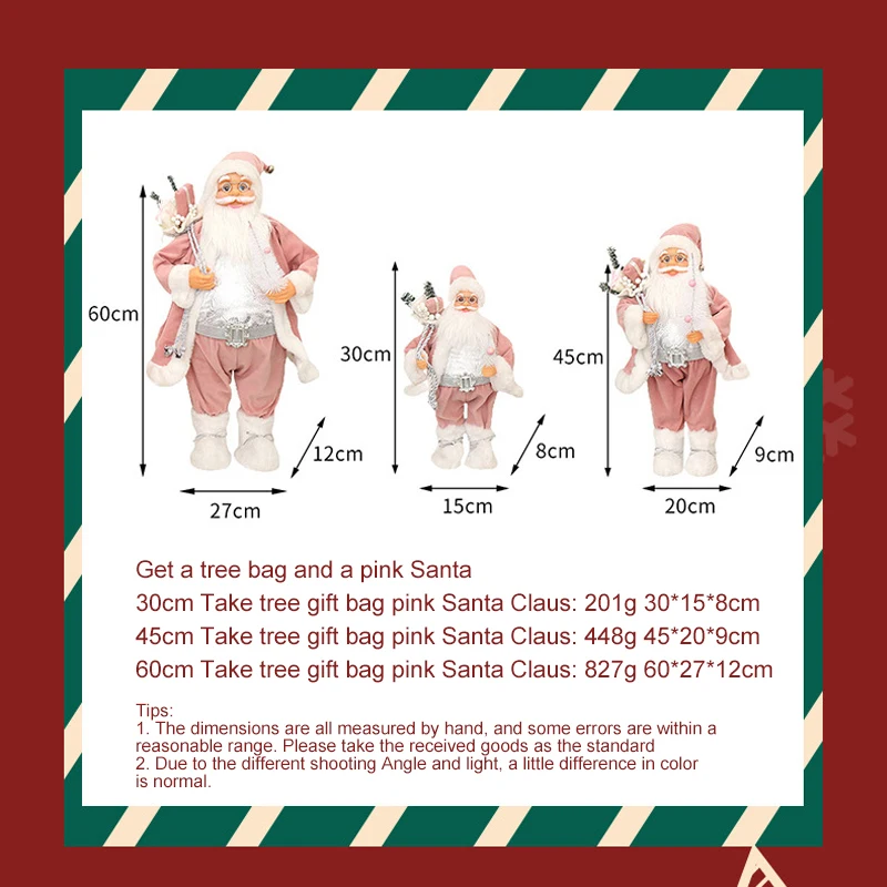 Mu&ntilde;eco de Pap&aacute; Noel de peluche rosa para ni&ntilde;os, adornos navide&ntilde;os para el hogar, regalo de Navidad y vacaciones, 60/45/30cm-2