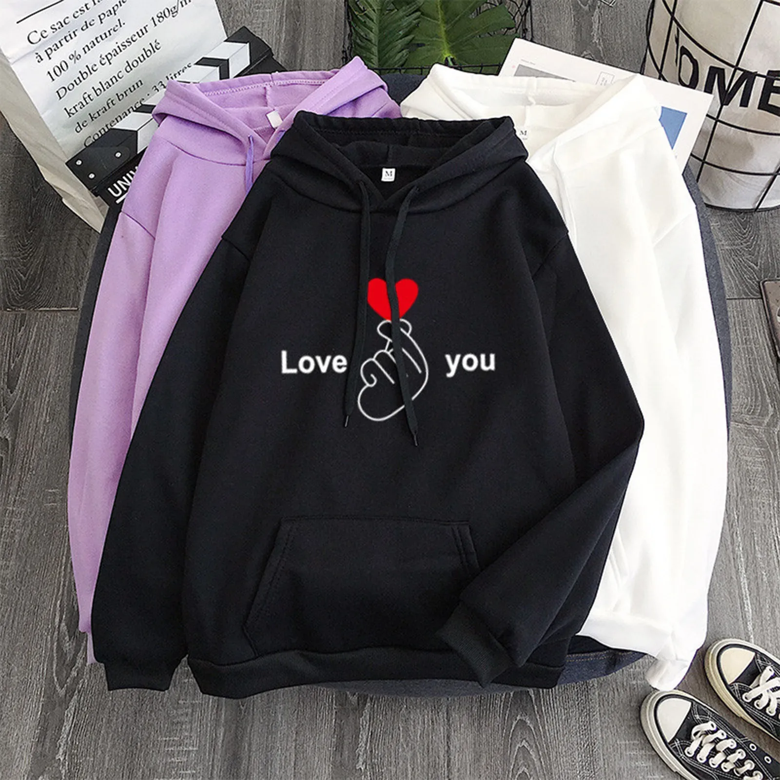 

Женская хлопковая толстовка с капюшоном, Свободный пуловер с длинным рукавом и принтом сердечек и букв, в Корейском стиле, Харадзюку
