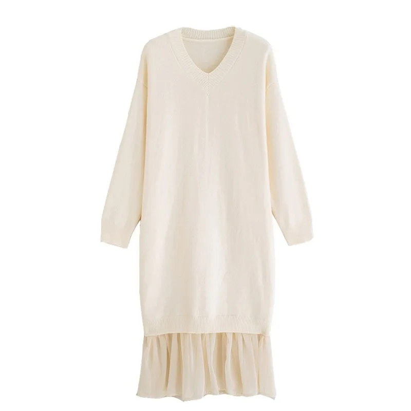 

Casual V-Neck Loose Women Sweater Dress Elegant Autumn Winter Two Korean Dress Ruffles Patchwork Female Long Knitted Vestidos