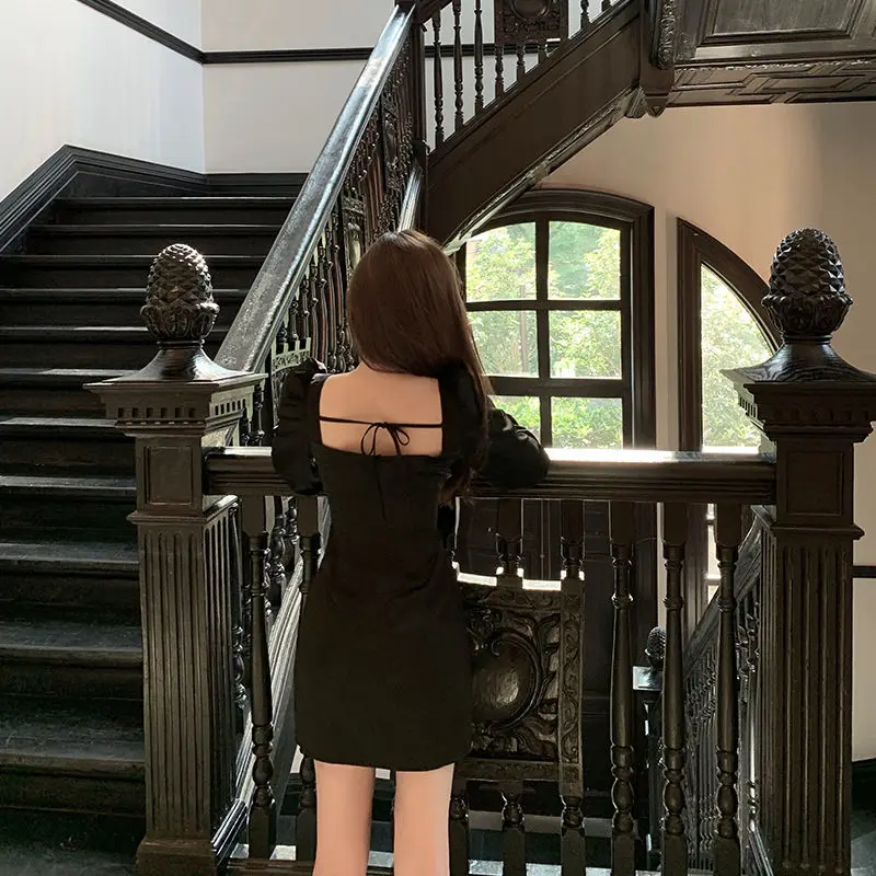 

Sexy Dress Women Square Collar Long Sleeve Fashion Mini Dress Club Beading Korean Solid Female Clothes Autumn 2020 Elegant Dress